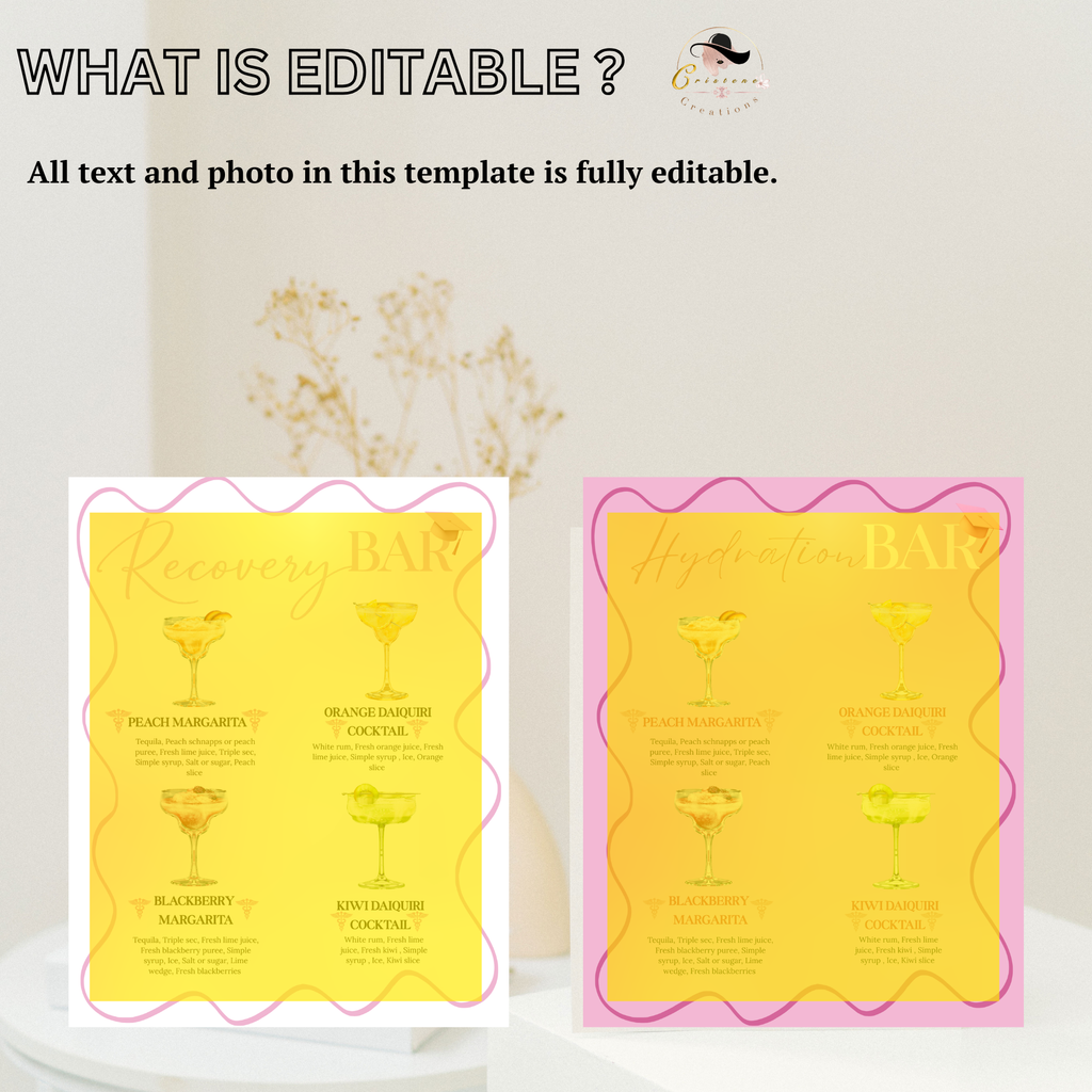 Nurse Graduation Drink Sign, Pink RN LPN CNA Cocktail Menu Card, Nursing Signature Drinks Hydration Station, Editable Printable Template