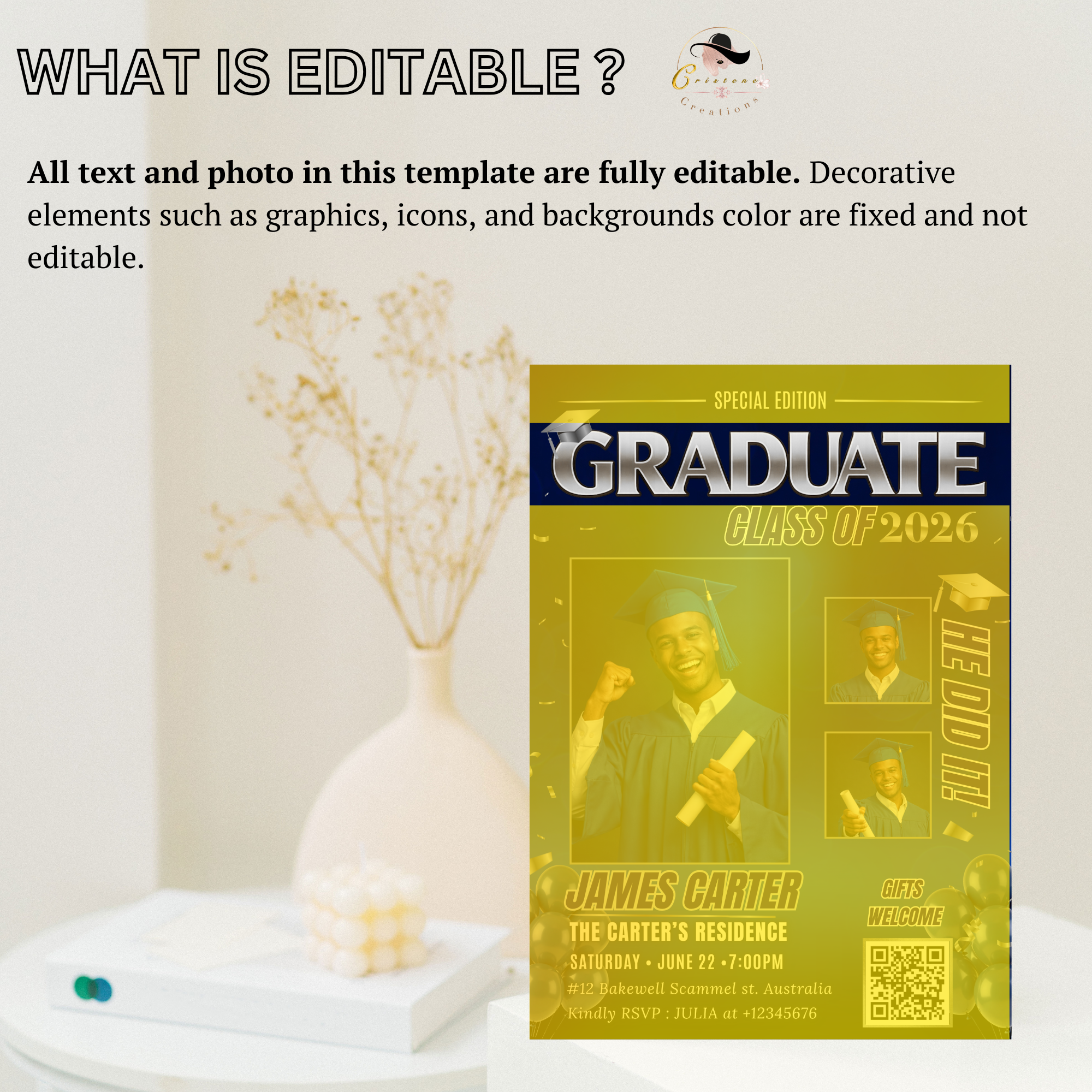 Blue Graduation Invitation, Boy Senior Grad Party with photos invite, Male College High school Graduates Announcement Card Flyer Template