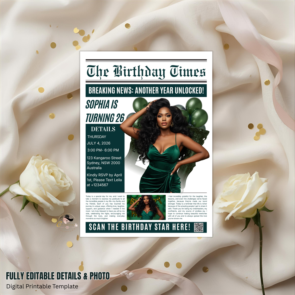 Green Newspaper Birthday Party Invitation with Photo, Woman Dinner & Brunch Invite, Retirement Invite, Editable Printable Digital Template