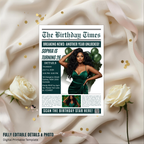 Green Newspaper Birthday Party Invitation with Photo, Woman Dinner & Brunch Invite, Retirement Invite, Editable Printable Digital Template