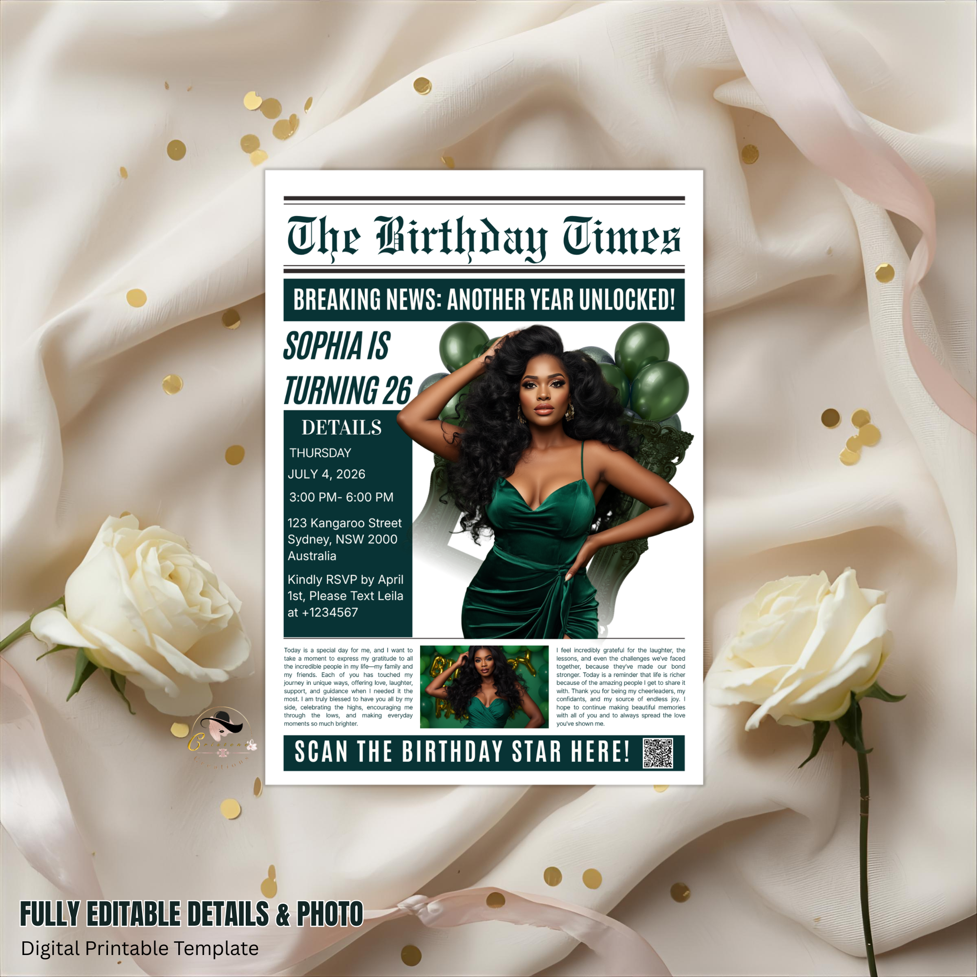Green Newspaper Birthday Party Invitation with Photo, Woman Dinner & Brunch Invite, Retirement Invite, Editable Printable Digital Template