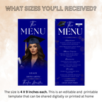 Blue Graduation Menu with Photo, High School College Grad Dinner Menu Class of 2026, Girl Boy Graduates Menu Card, Editable Canva Template