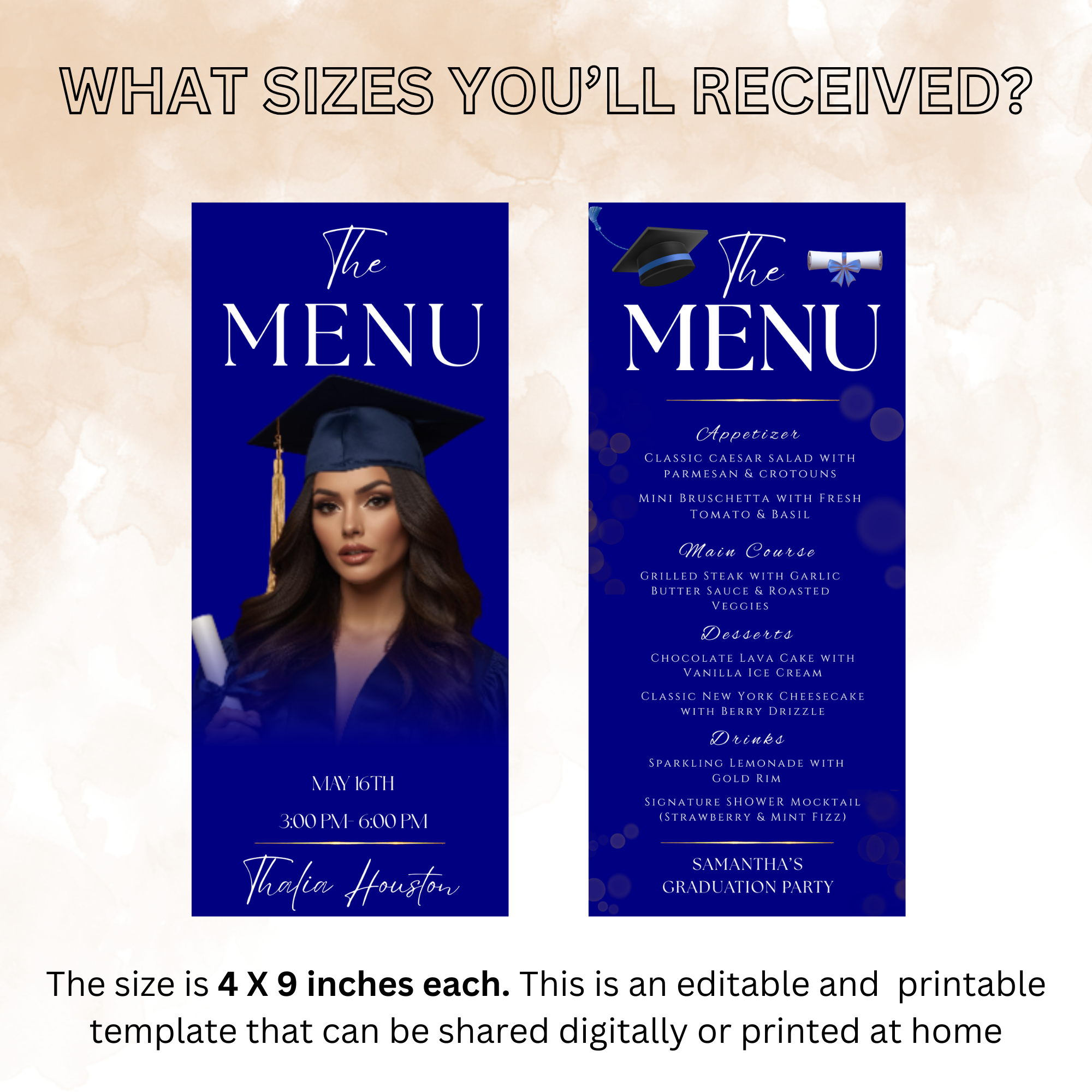 Blue Graduation Menu with Photo, High School College Grad Dinner Menu Class of 2026, Girl Boy Graduates Menu Card, Editable Canva Template