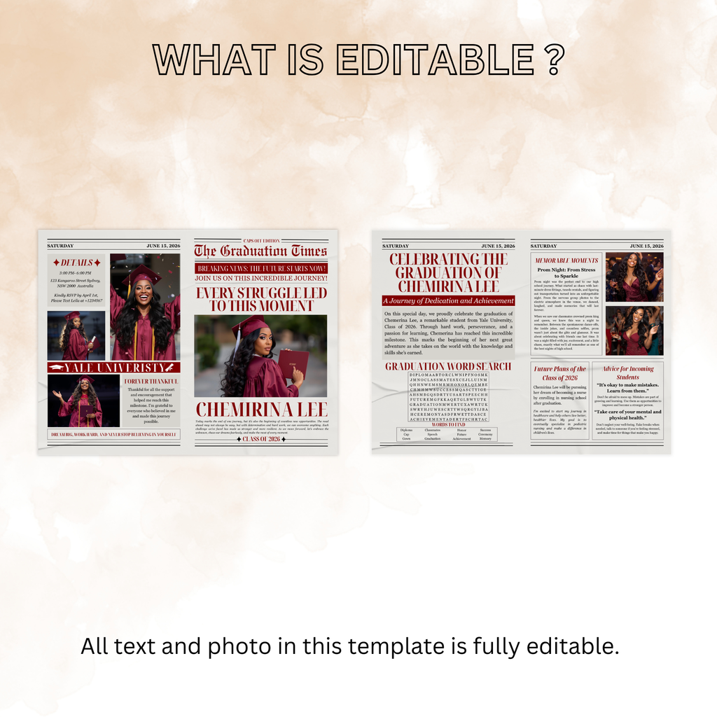 Graduation Newspaper Template with Photo, Class of 2026 Grad Announcement for Him and Her, Maroon Red Editable Canva Printable Invitation