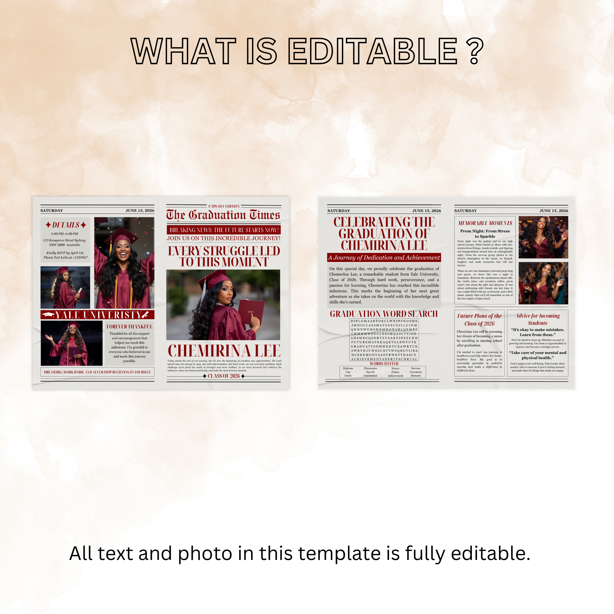 Graduation Newspaper Template with Photo, Class of 2026 Grad Announcement for Him and Her, Maroon Red Editable Canva Printable Invitation