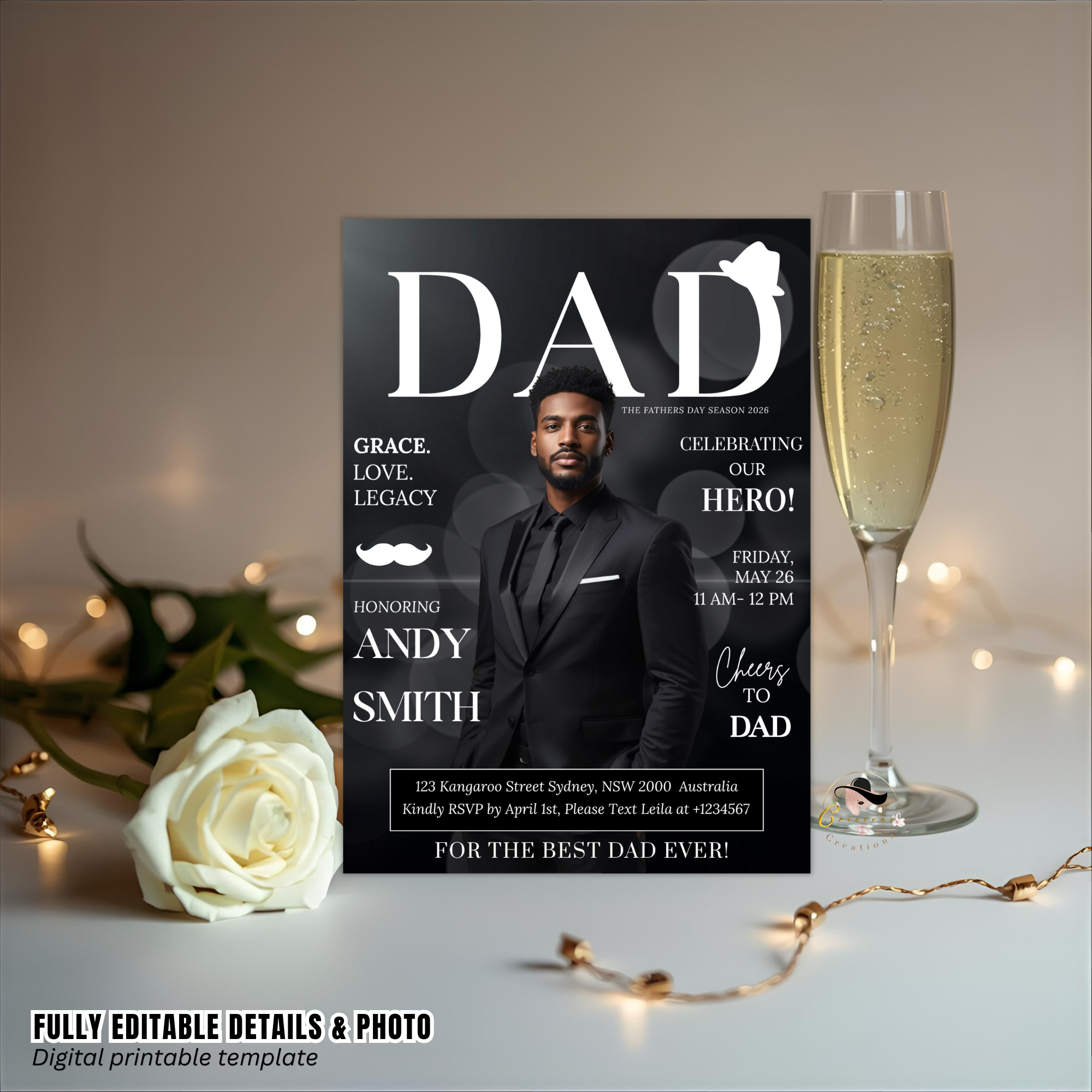 Father’s Day Invitation Magazine Style with Photo, Suit and Tie Dad Party Invite, Brunch or Dinner Invite, Canva Printable Digital Template