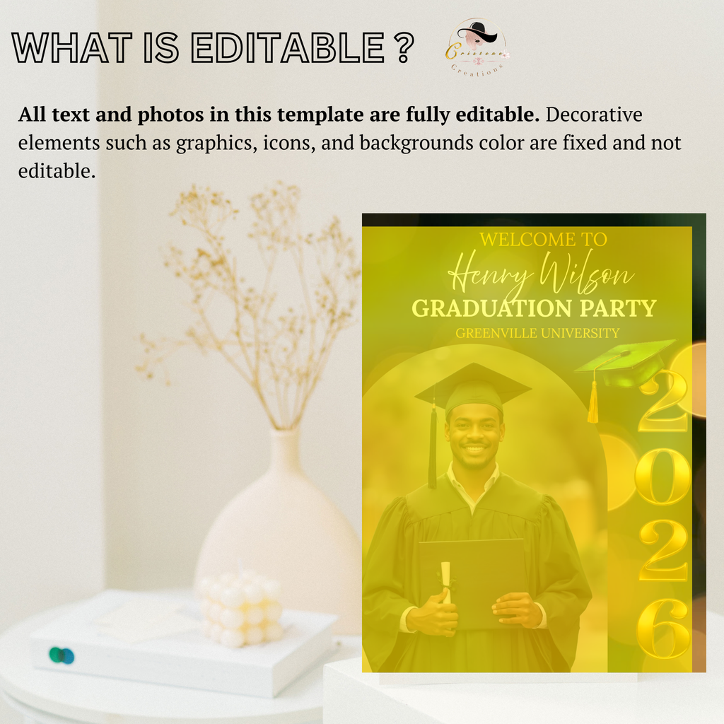 Boy Graduation Welcome Party Sign, Male Senior Grad Poster Sign with photo, Class 2026 Men Graduates Sign, Green Gold Printable Template