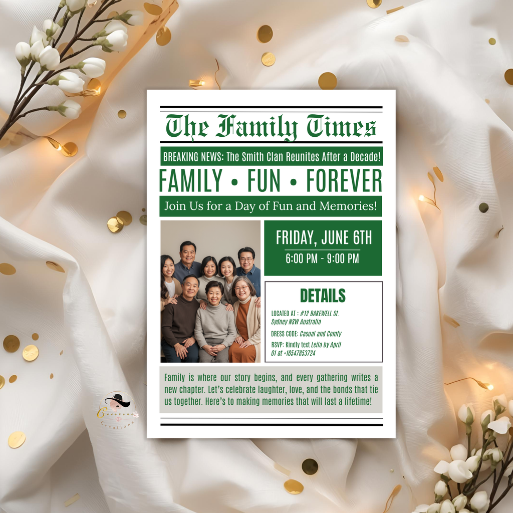 Newspaper Family Reunion Invitation with Photo, Family Gathering Party Celebration Invite, Green Printable Editable Canva Template