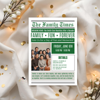 Newspaper Family Reunion Invitation with Photo, Family Gathering Party Celebration Invite, Green Printable Editable Canva Template