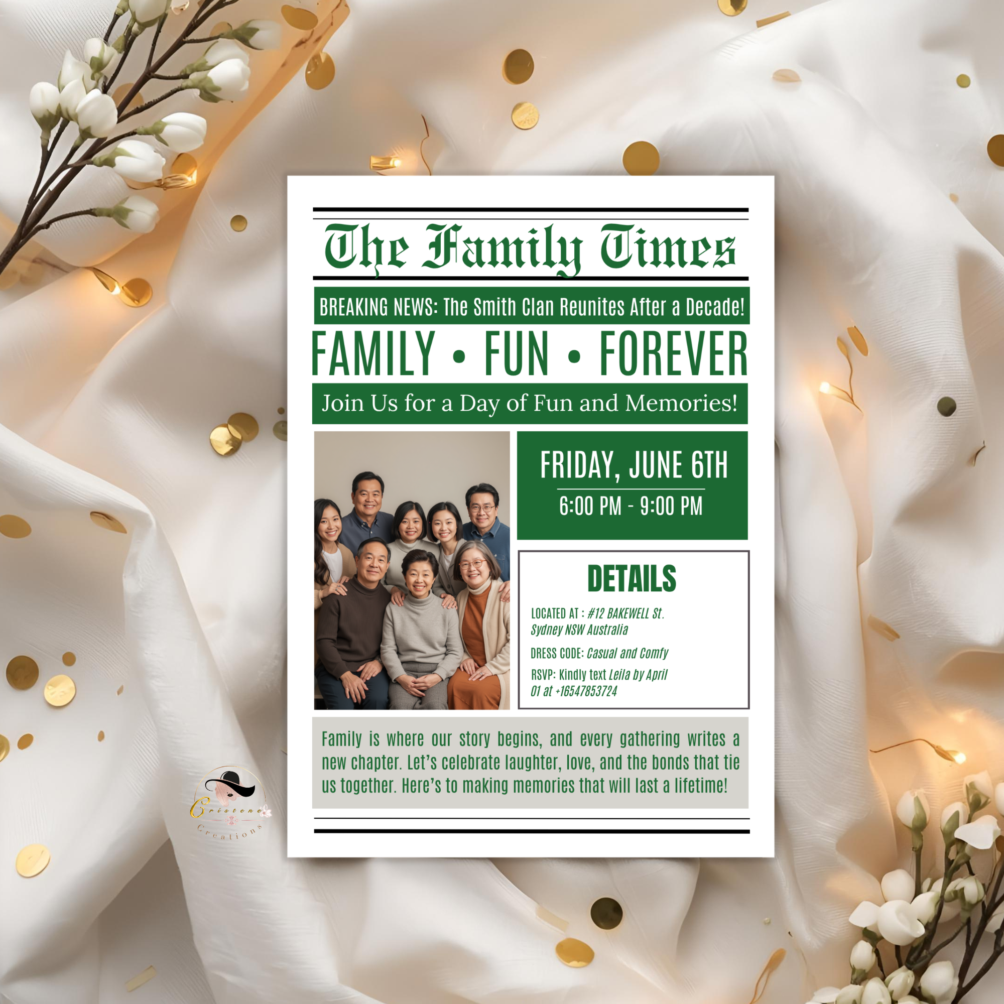 Newspaper Family Reunion Invitation with Photo, Family Gathering Party Celebration Invite, Green Printable Editable Canva Template
