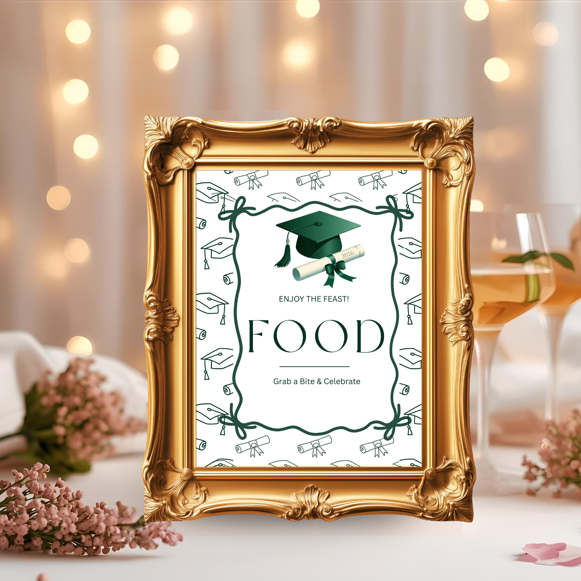 Green Coquette Graduation Table Signs Bundle, Senior Grad Favor sign, College Fund Sign, Food Sign, Graduates Party Decor Printable Template