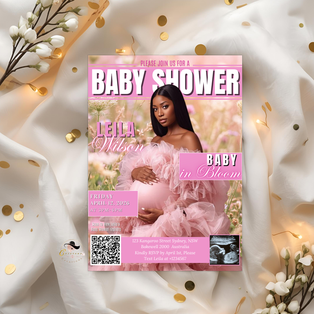 Wildflower Baby Shower Invitation with Photo, Pink Floral Baby Girl Shower Invite, Baby In Bloom, Printable Editable Digital Canva Template