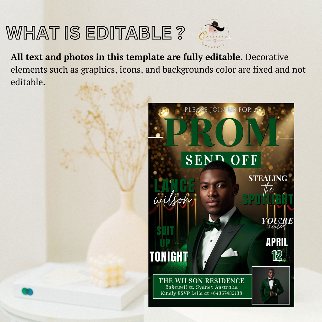 Green Prom Send Off Invitation, Prom King Party with photo invite, Boys Senior Prom Night Flyer, Magazine Style Digital Printable Template