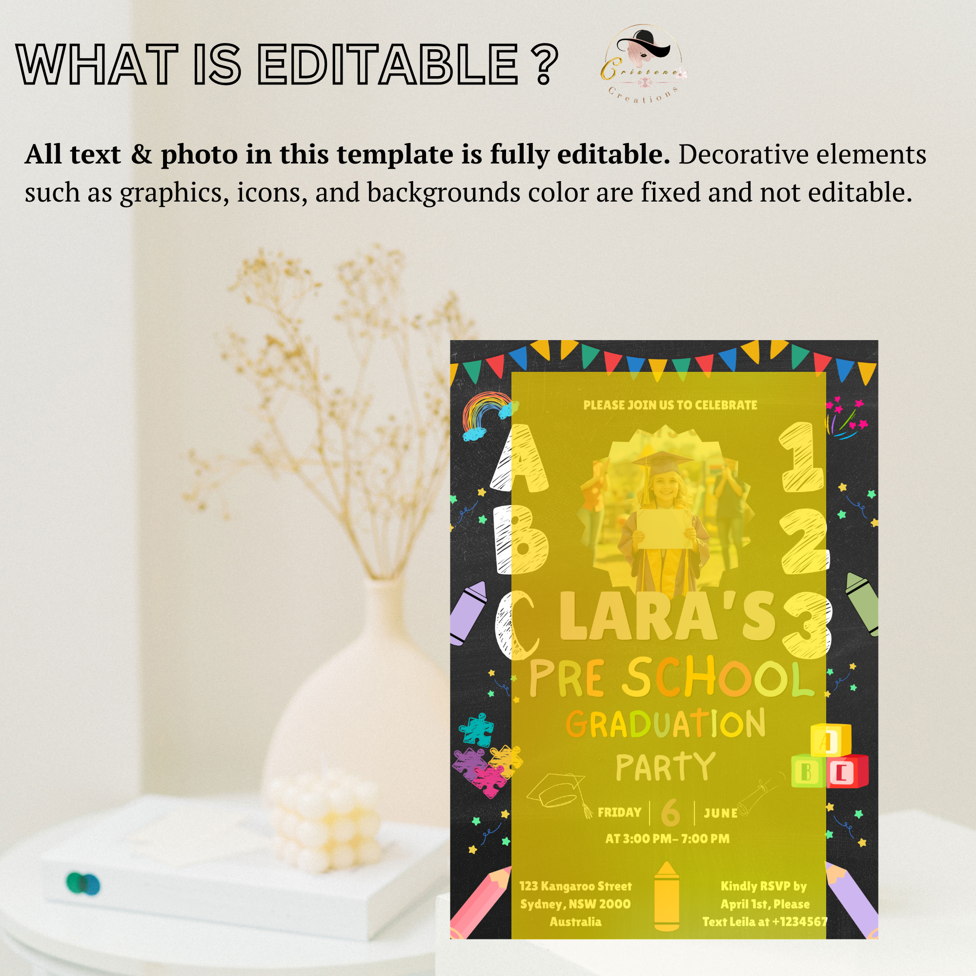 Kindergarten Graduation Invitation with Photo, Pre K Grad Invite, Class of 2026 Kids Graduation Party, Preschool Editable Canva Template