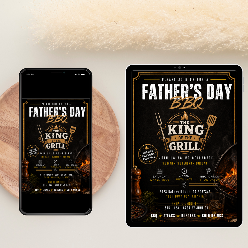 Father’s Day Family Cookout Invitation, BBQ Party for Dad, Barbecue Invite for him, Backyard Summer Gathering, Black Gold Editable Template
