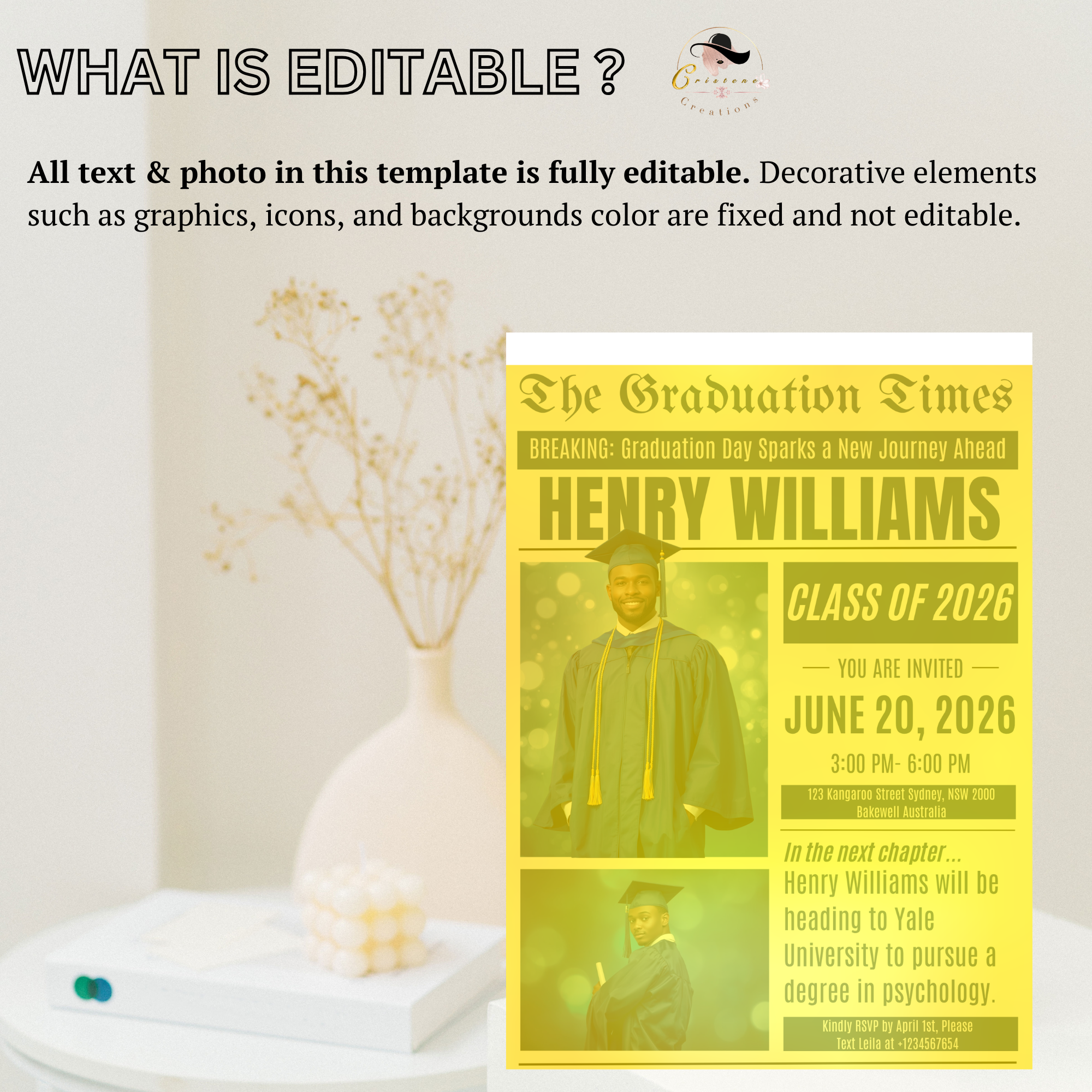 Senior Graduation Invitation with Photo, Newspaper Style High School Grad Announcement Invite for Him, Class of 2026 Editable Canva Template