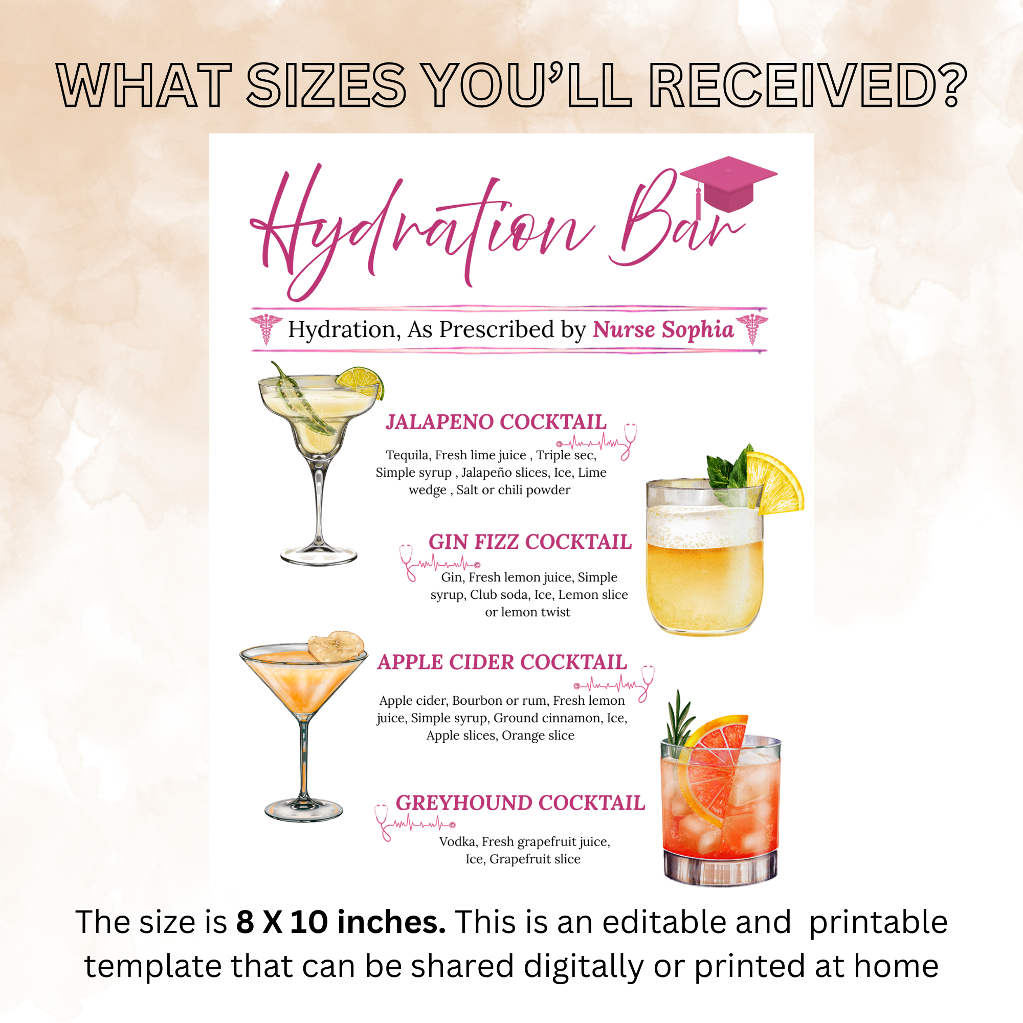 Pink Nurse Graduation Drink Menu Card, RN LPN CNA Cocktail Sign, Signature Drinks Bar Hydration Station, Editable Canva Printable Template