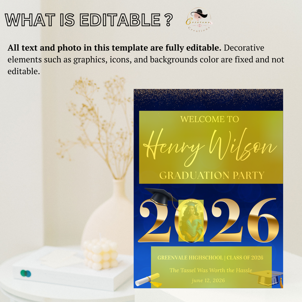 Blue Graduation Welcome Party Sign, Senior Grad Poster Sign with photo, Class 2026 Woman Boy High School Graduates Sign, Printable Template