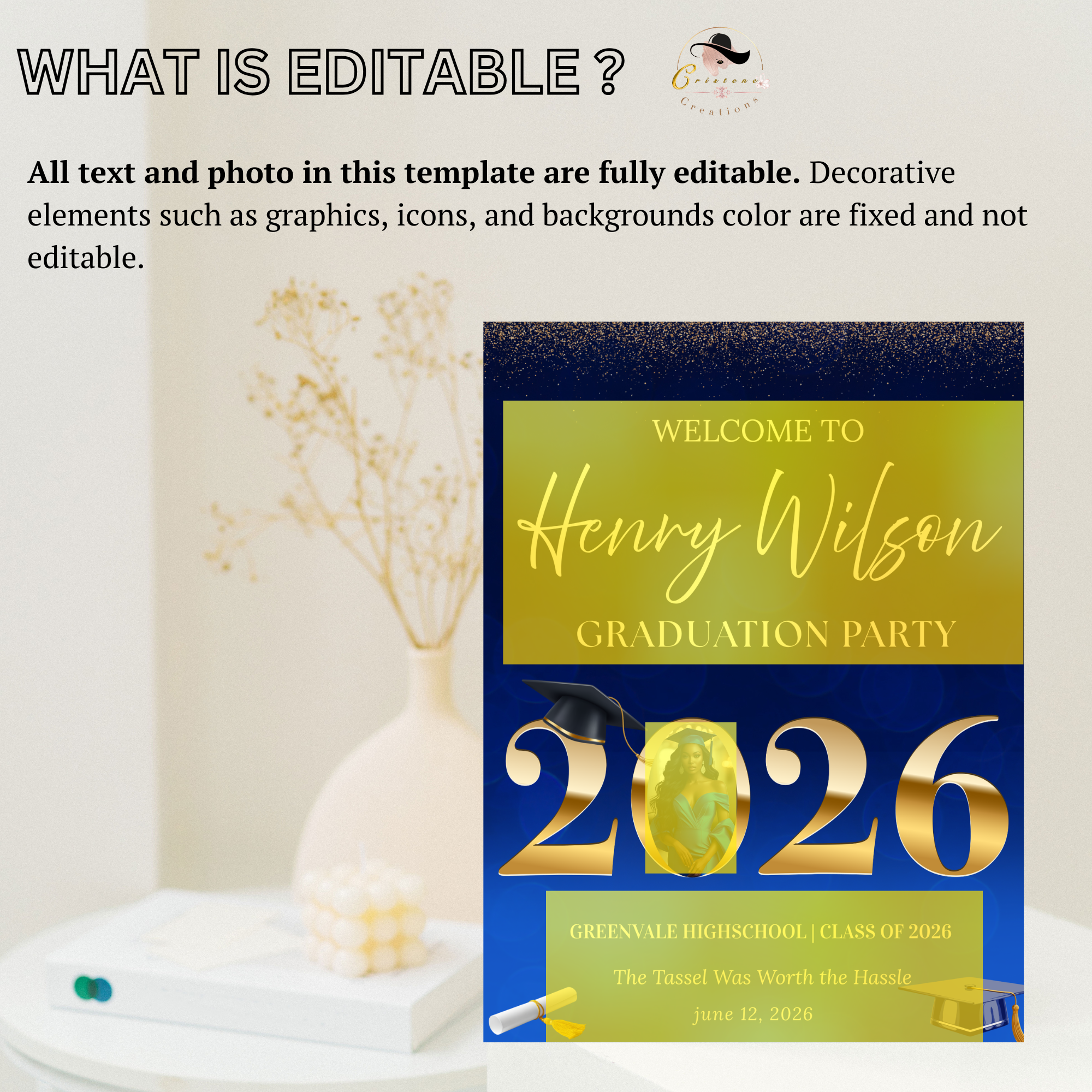 Blue Graduation Welcome Party Sign, Senior Grad Poster Sign with photo, Class 2026 Woman Boy High School Graduates Sign, Printable Template