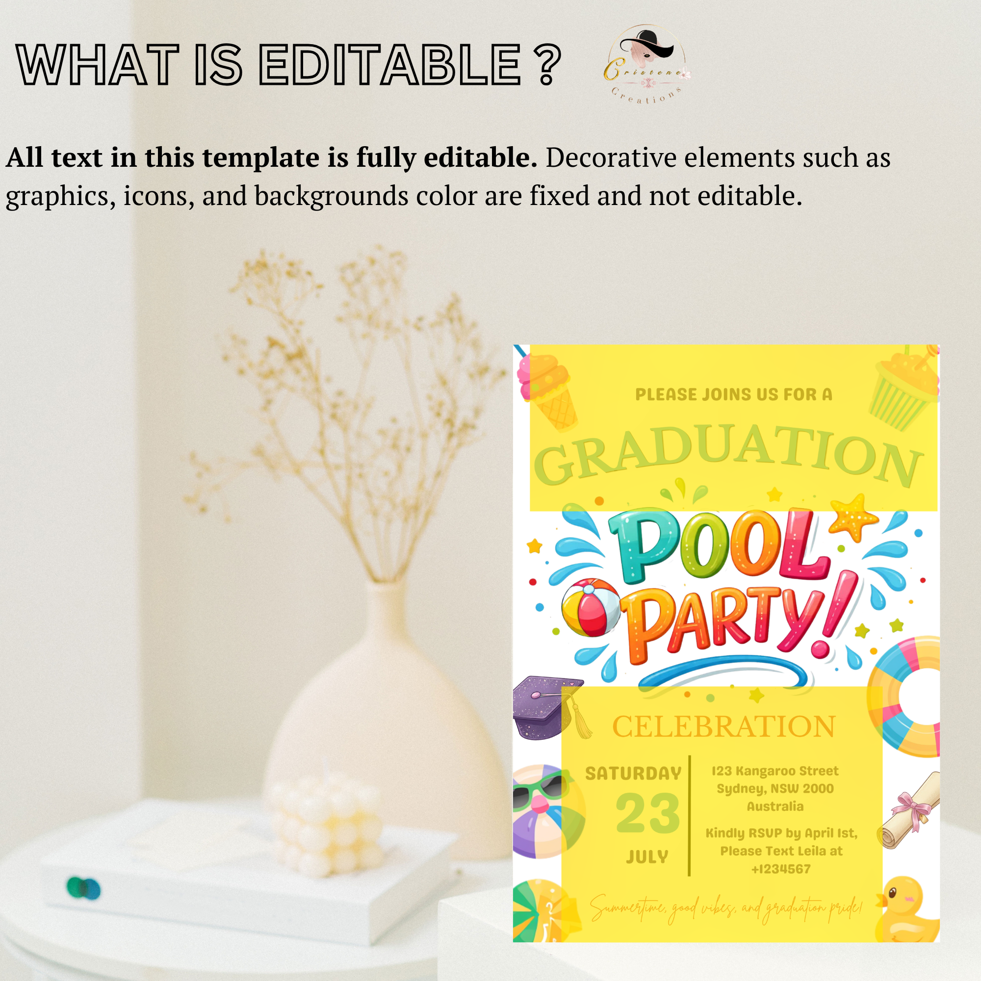 Pool Party Graduation Invitation for Kids, Hello Pool Goodbye School Summer Beach Invite, Boy Girl Printable Digital Canva Template