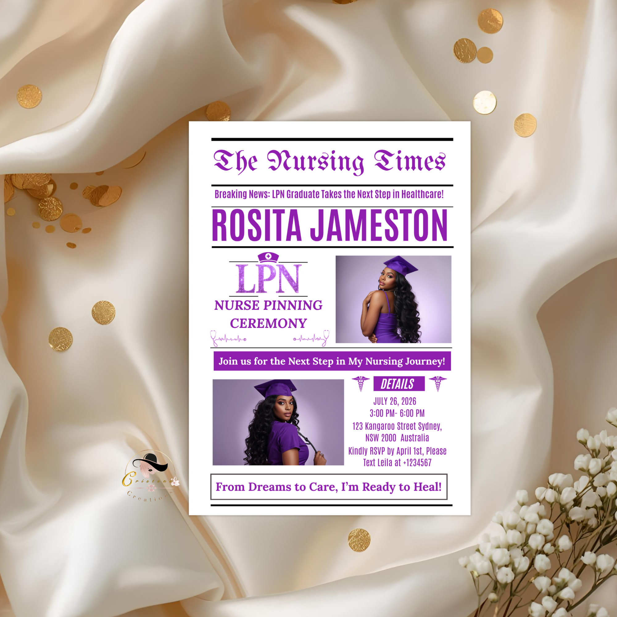 Newspaper LPN Nurse Graduation Invitation with Photo, Nursing Pinning Ceremony Invite for Women Purple Nurse Flyer, Canva Printable Template