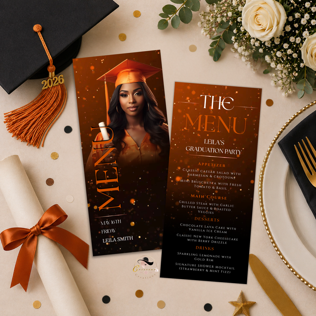 Orange Graduation Menu Template with Photo, Class of 2026 Grad Dinner Brunch Menu Card for High School College, Canva Printable