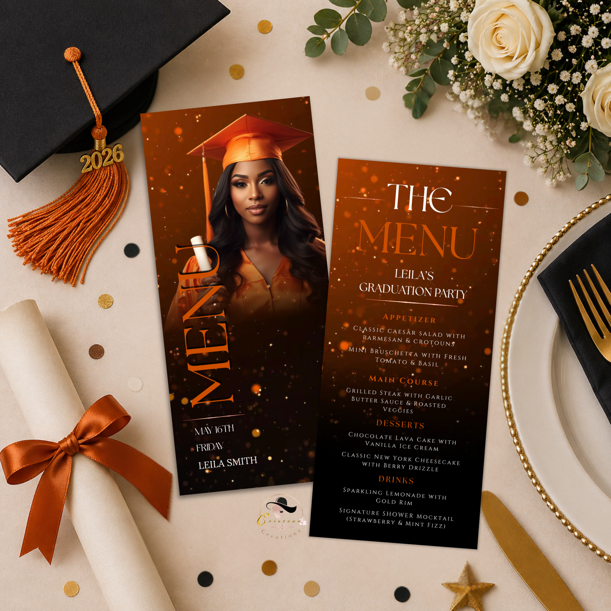 Orange Graduation Menu Template with Photo, Class of 2026 Grad Dinner Brunch Menu Card for High School College, Canva Printable