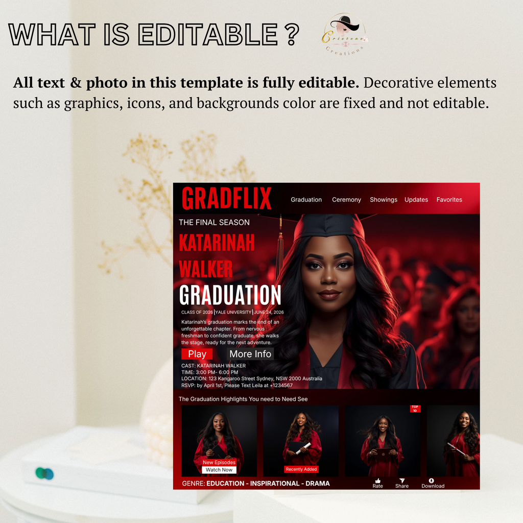 Graduation Invitation with Photo Movie Theme, Red Streaming Style Grad Party Invite, Class of 2026 Flyer, Editable Canva Printable Template