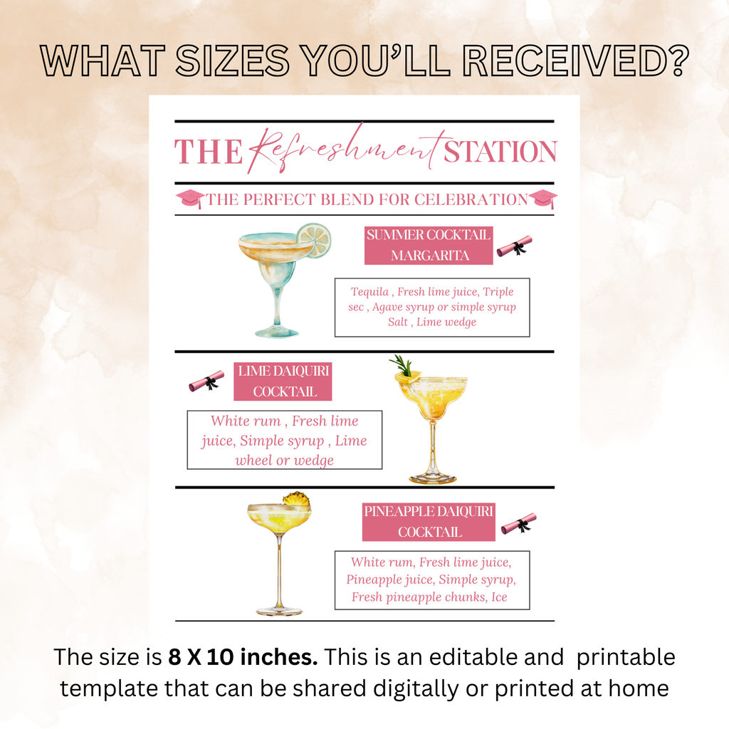 Graduation Bar Menu Template, Signature Drinks Soda Station Sign, High School College Grad Party Drinks, Refreshment Menu, Canva Printable
