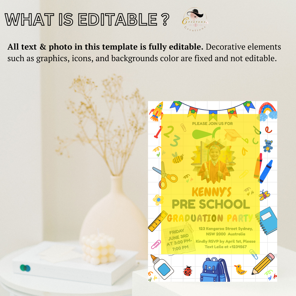 Preschool Pre K Graduation Invitation with Photo, Kindergarten Class of 2026 Grad Party Invite for Him and Her, Editable Canva Template