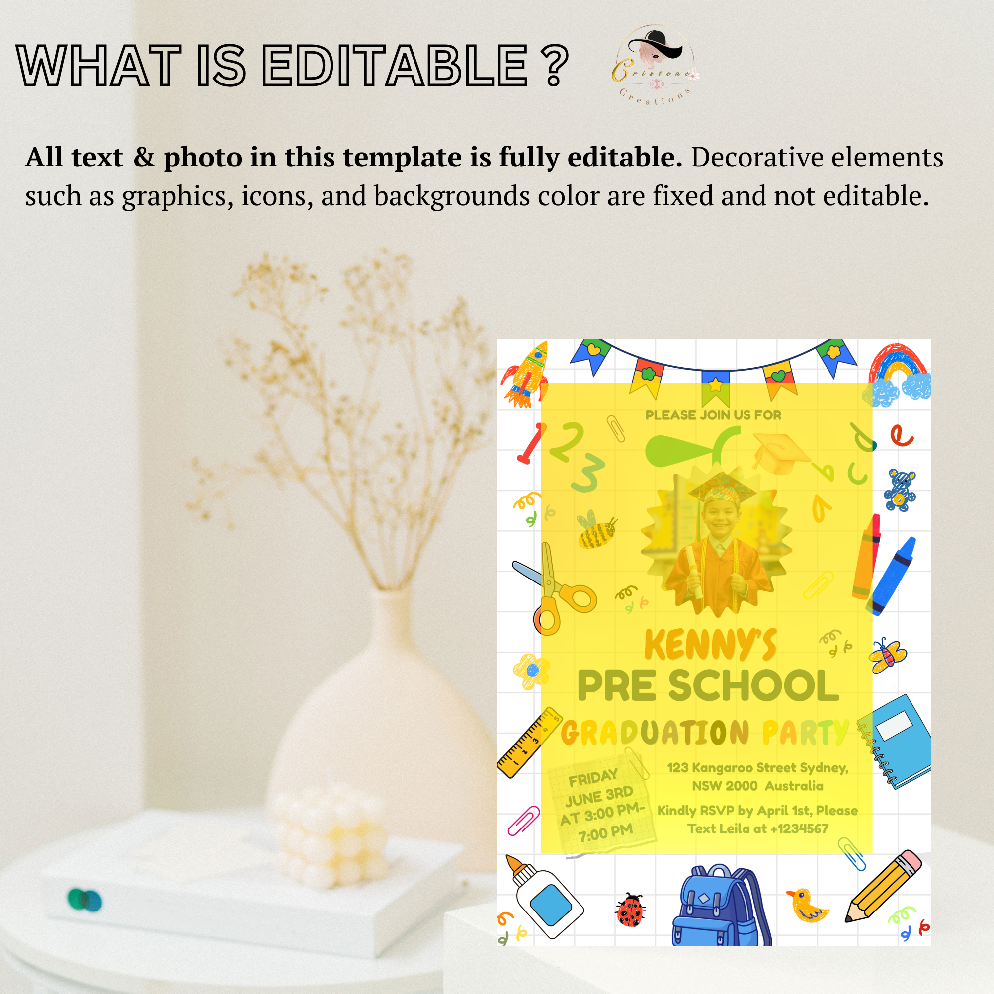 Preschool Pre K Graduation Invitation with Photo, Kindergarten Class of 2026 Grad Party Invite for Him and Her, Editable Canva Template