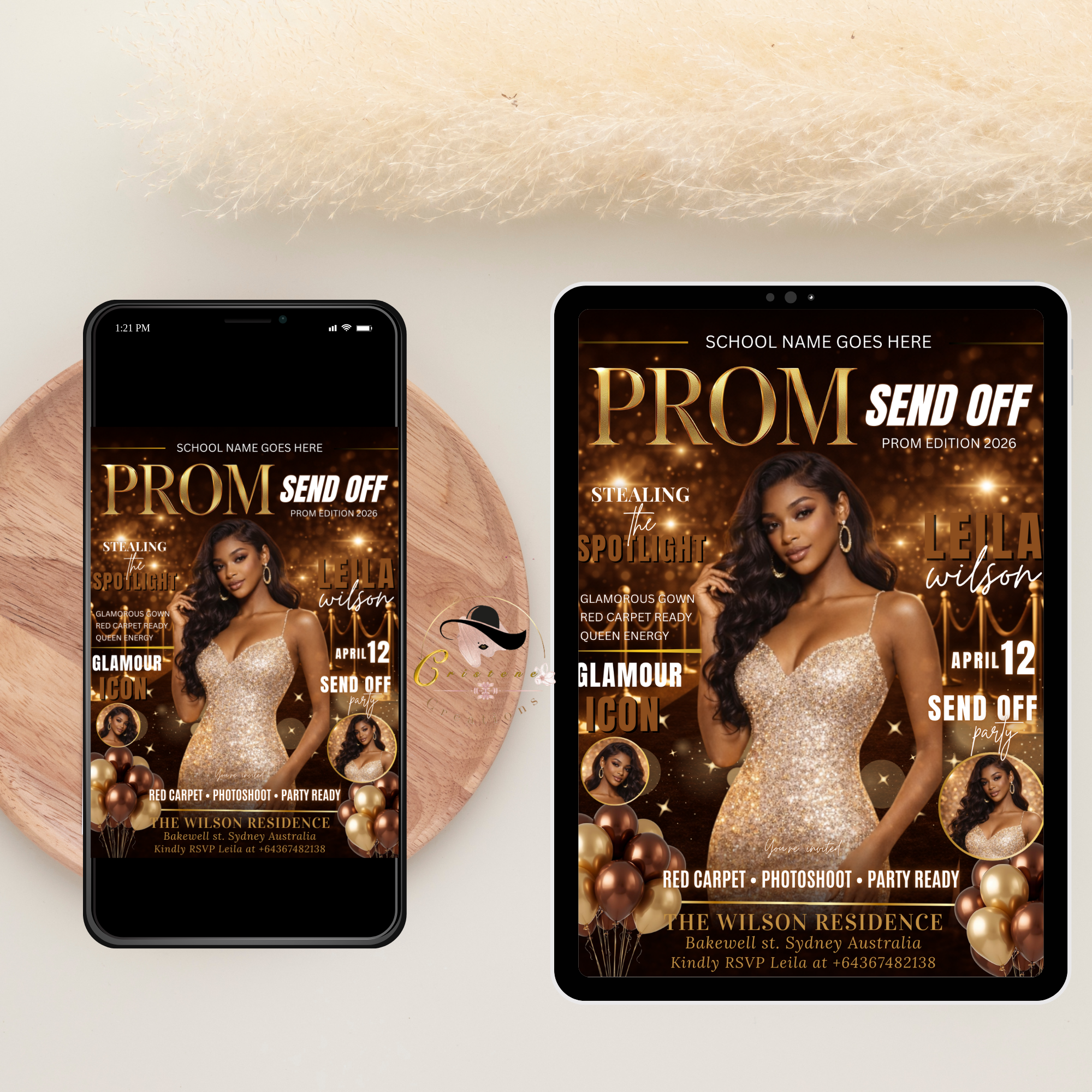 Brown Gold Prom Send Off Party Invitation, Prom Queen with photo invite, Girls Prom Night Flyer, Magazine Cover, Digital Printable Template