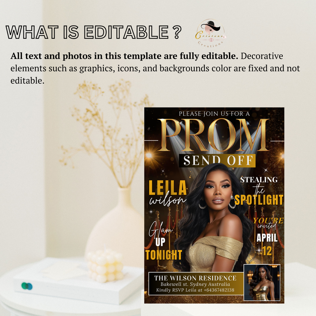 Black Gold Prom Send Off Party Invitation, Prom Queen with photo invite, Girls Prom Night Flyer, Magazine Cover, Digital Printable Template