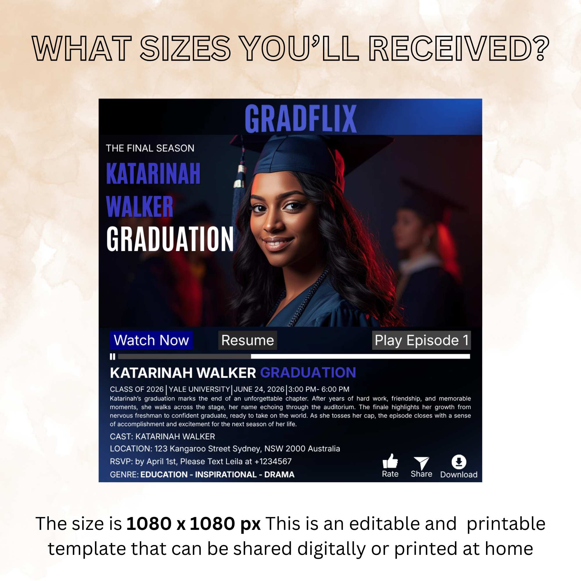 Graduation Invitation with Photo for Him and Her, Movie Theme Blue Streaming Style Grad Party Invite Class of 2026, Editable Canva Template