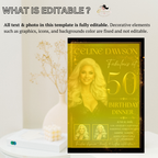 50th Birthday Invitation for Man and Woman, Black and Gold 50 and Fabulous Invite, Dinner Brunch Party Invite, Editable Canva Template