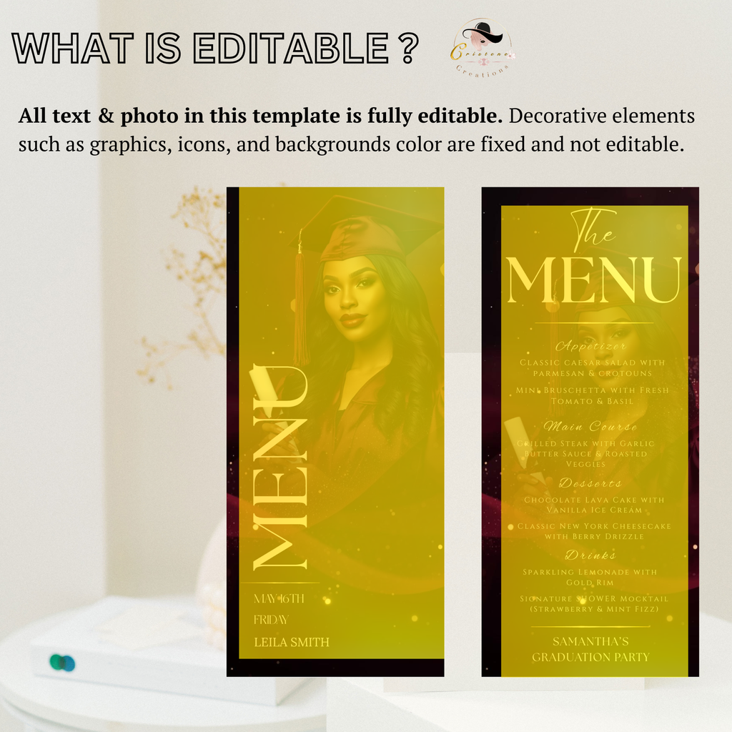 Graduation Menu Template with Photo, Class of 2026 Menu Card, High School College Grad Party Menu, Maroon Editable Canva, Printable Menu
