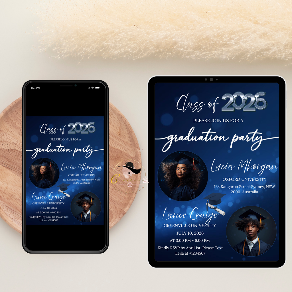 Blue Double Graduation Invitation with Photo, Class 2026 Twin Senior Grad Party Invite for High School College, Girl Boy Printable Template