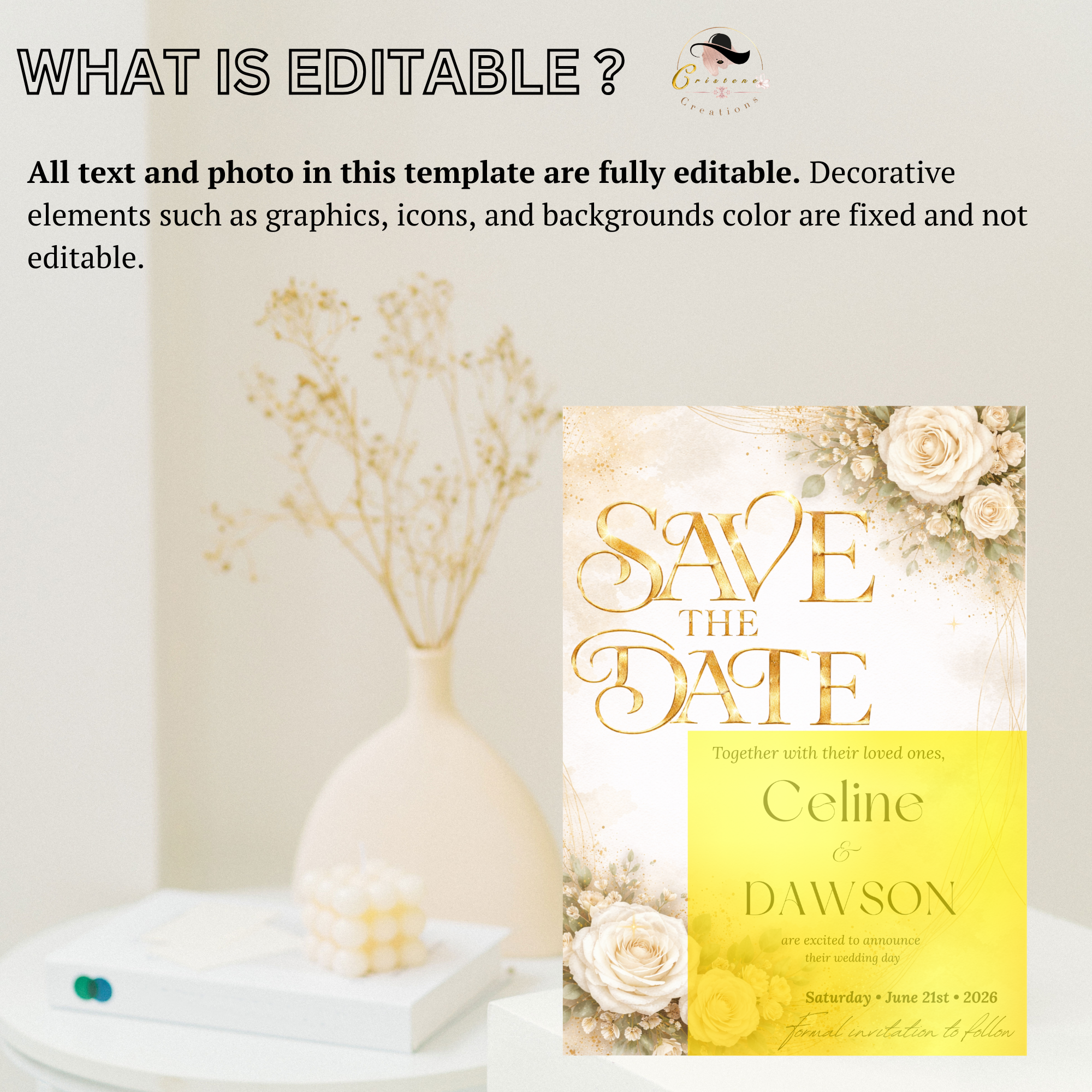 Floral Wedding Save the Date Invitation, White Gold Save Date Party Invite, Elegant Wedding Announcement, Printable Canva Template