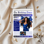 Birthday Newspaper Invitation with Photo, Elegant Dinner Party & Brunch Celebration Invite For Him and Her, Blue Editable Canva Template