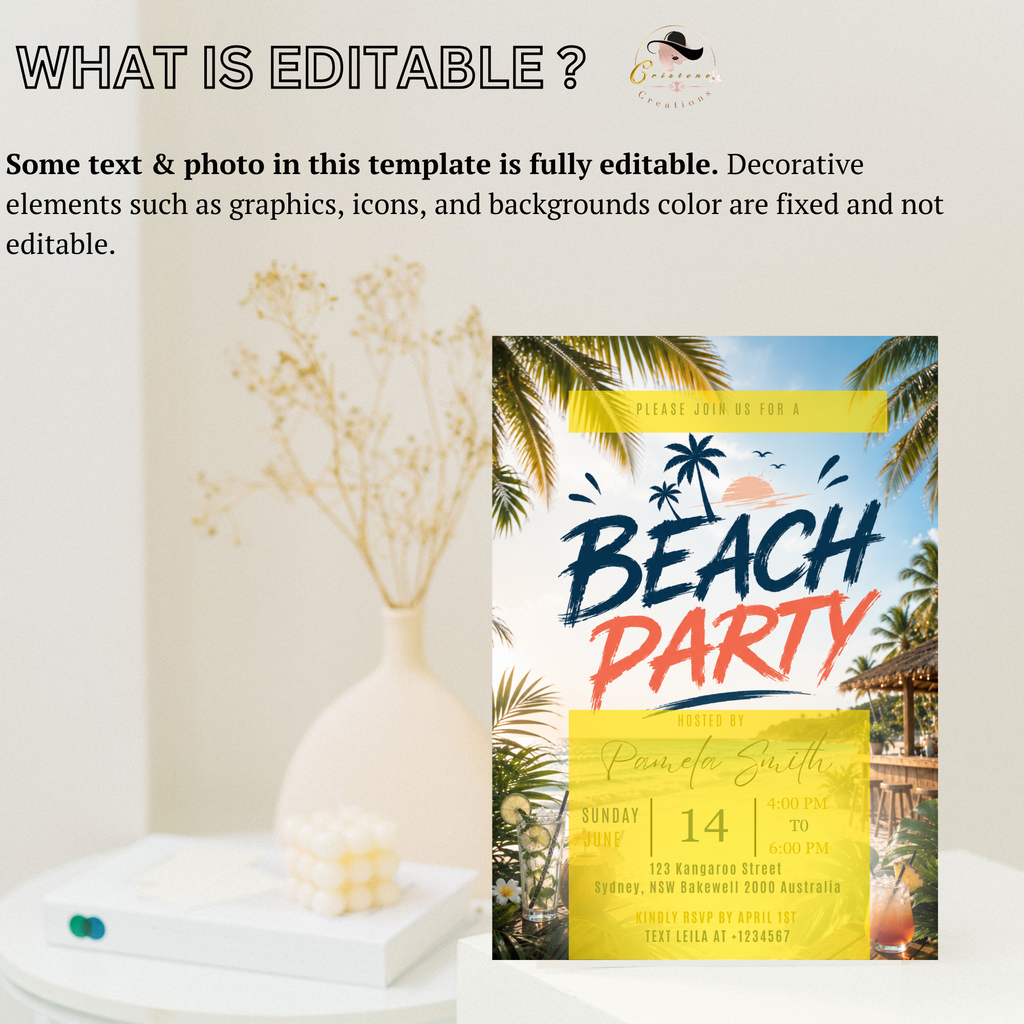 Beach Party Invitation, Tropical Summer Birthday Invite, Adult Beach Bash, Island Theme Celebration, Editable Canva Printable Template