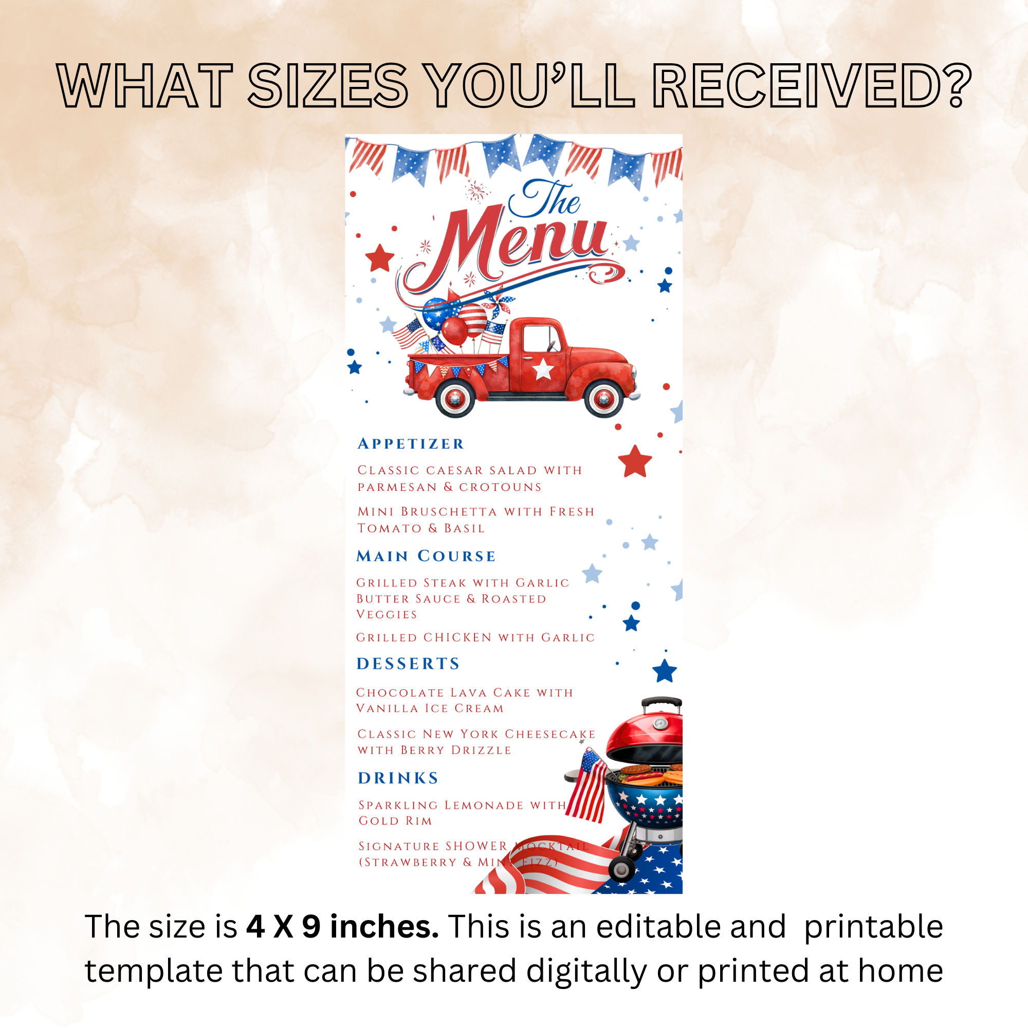 4th of July Menu Template, Independence Day BBQ Cookout Menu, USA Patriotic Dinner Brunch Party Menu Red White Blue Editable Canva Printable