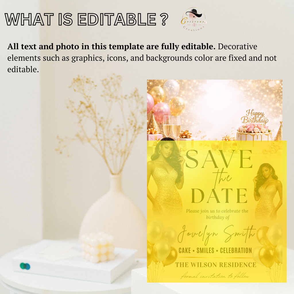 Save the Date Birthday Invitation, White Gold Save Date Party with photo Invite, Elegant Brunch Event Card, Printable Digital Template