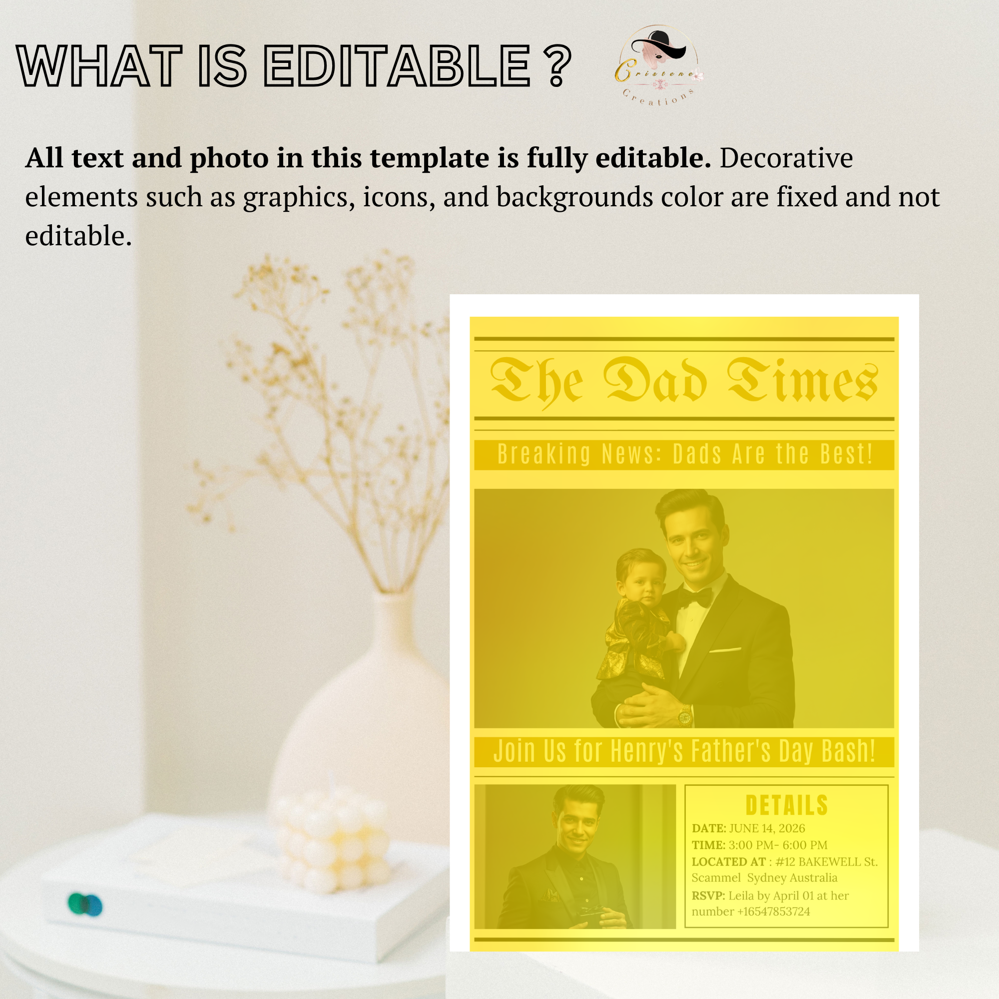 Fathers Day Invitation Newspaper Style with Photo, Dad Party Invite, Dinner Invite Editable Canva Template Printable Celebration Flyer Card