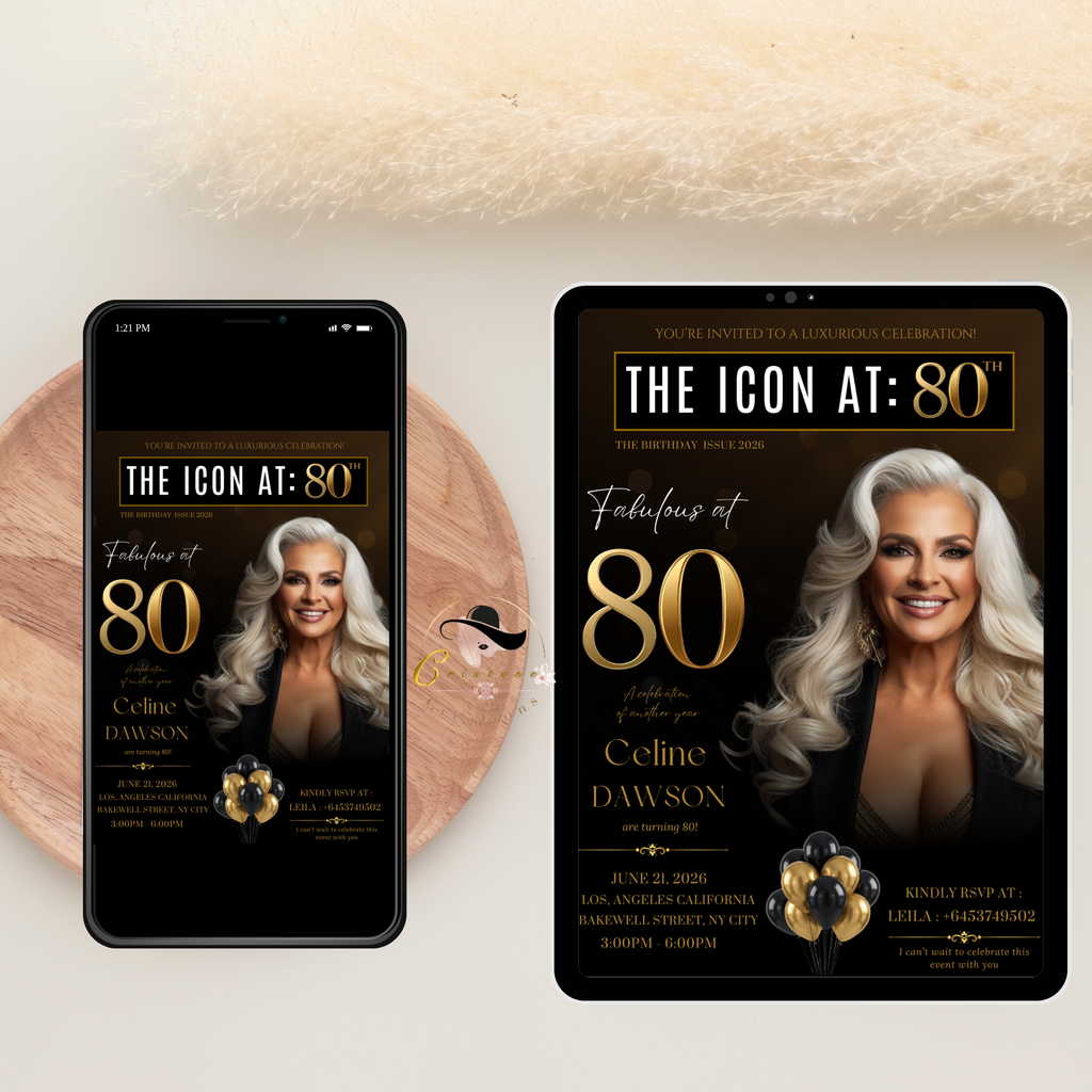 Black Gold 80th Birthday Invitation, 80 and Fabulous with photo Invite, Elegant Birthday Party Dinner Brunch, Digital Printable Template