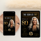Black Gold 80th Birthday Invitation, 80 and Fabulous with photo Invite, Elegant Birthday Party Dinner Brunch, Digital Printable Template