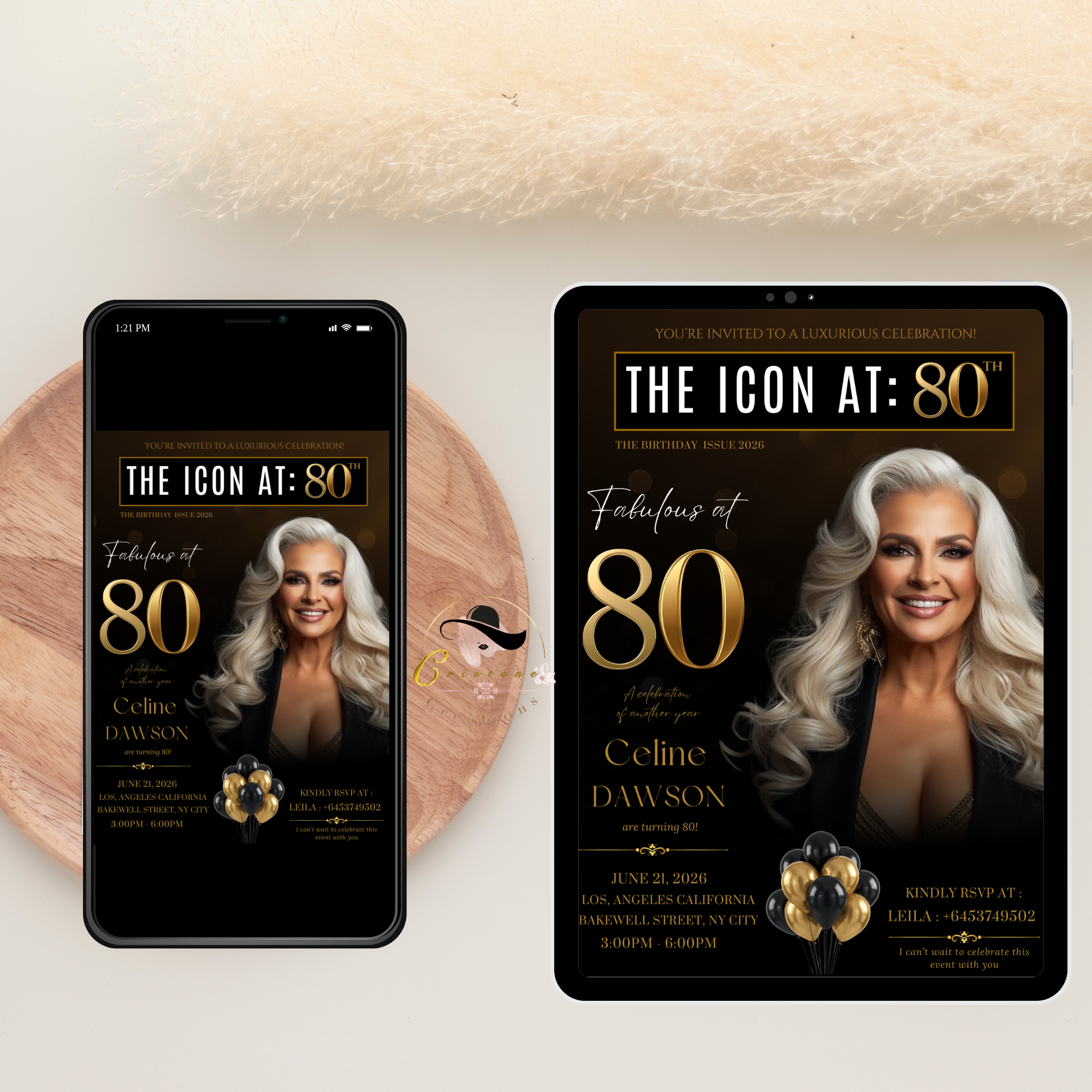 Black Gold 80th Birthday Invitation, 80 and Fabulous with photo Invite, Elegant Birthday Party Dinner Brunch, Digital Printable Template