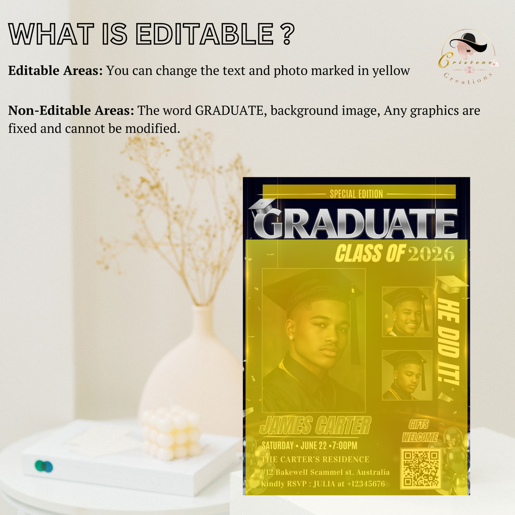 Boy Graduation Invitation, Senior Grad Party with photos invite, Male College High school Graduates Announcement, Blue Silver Flyer Template