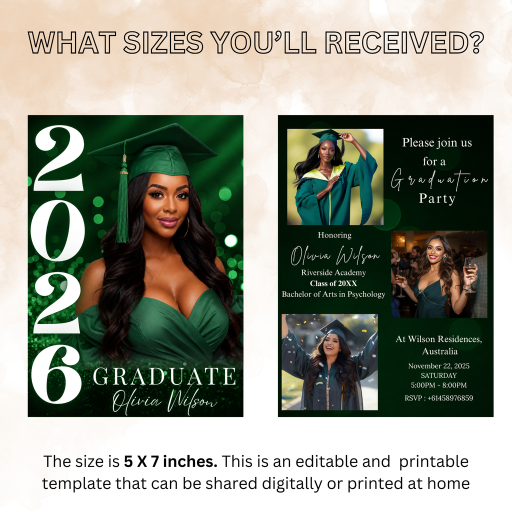 Green Graduation Invitation with Photo, Class of 2026 Grad Announcement for High School College, Girl Boy Graduate, Printable Canva Template