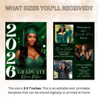 Green Graduation Invitation with Photo, Class of 2026 Grad Announcement for High School College, Girl Boy Graduate, Printable Canva Template