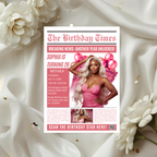 Pink Birthday Dinner Invitation with Photo, Newspaper Style Party Invite, Woman Brunch Invite, Editable Digital Printable Template